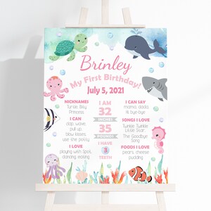 May include: A pink and blue illustrated first birthday sign with a sea-themed design. The sign features a mermaid, a turtle, an octopus, a whale, a shark, and a clownfish. The sign includes the name "Brinley", the date "July 5, 2021", and details about the child's age, height, weight, and favourite foods and songs.
