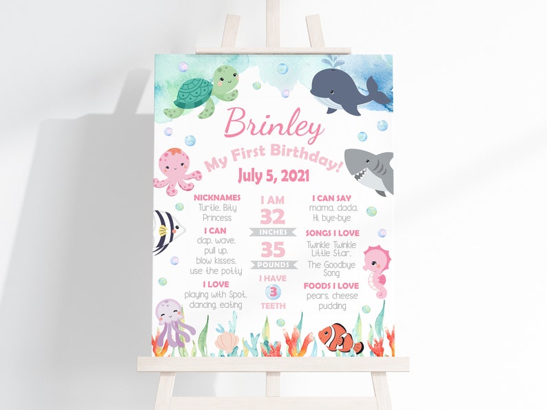 May include: A pink and blue illustrated first birthday sign with a sea-themed design. The sign features a mermaid, a turtle, an octopus, a whale, a shark, and a clownfish. The sign includes the name "Brinley", the date "July 5, 2021", and details about the child's age, height, weight, and favourite foods and songs.