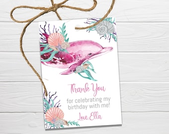 Pink Dolphin Birthday Favor Tags, Ocean Animals (Editable, Instant Download)