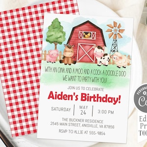 Farm Birthday Invitation, editable, cute farm animals, oink moo cock-a-doodle doo, one two or any age, edit with Corjl, instant download