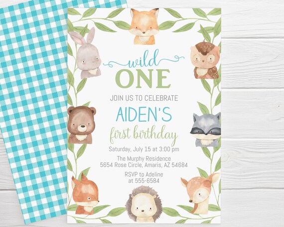 Woodland Animals Birthday Invitation, editable, wild one, watercolor forest animals, first birthday, edit with Corjl, instant download Il_570xn