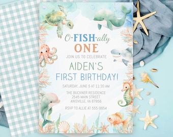 Ocean First Birthday Invitation: O-fish-ally One, Turning One Party Editable (Digital Download)