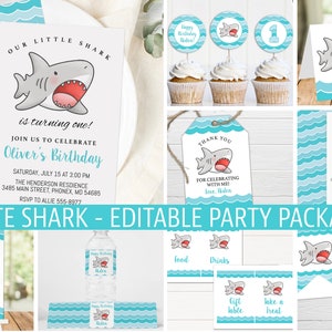 Cute Shark Party Package, Editable Shark Party Bundle, cute shark birthday, edit with Corjl, instant download #CS01