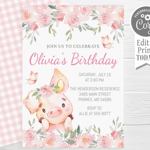 May include: Pink birthday invitation with a watercolor illustration of a pig wearing a flower crown and holding a butterfly. The text reads "Join us to celebrate Olivia's Birthday" and includes the date, time, and location of the party.