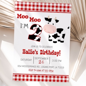 Cow Birthday Invitation: "Moo Moo I'm Two" Turning 2 Red Gingham (Digital Download) D208 image 1