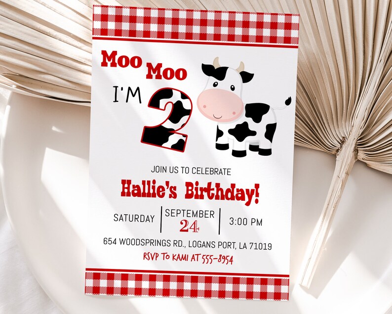 Cow Birthday Invitation: "Moo Moo I'm Two" Turning 2 Red Gingham (Digital Download) D208 image 1