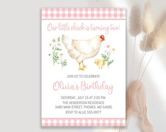 Chicken Birthday Invitation Template: Second Birthday Pink Gingham, Daisy Flowers (Digital Download) #017