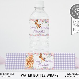 May include: Purple and white gingham water bottle wrap with a giraffe illustration and the text "Happy Birthday Charlotte". The wrap measures 8 inches by 2 inches.