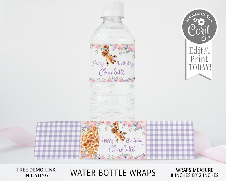 May include: Purple and white gingham water bottle wrap with a giraffe illustration and the text "Happy Birthday Charlotte". The wrap measures 8 inches by 2 inches.