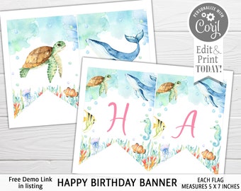 Ocean Animals Birthday Banner: Editable Pink Floral Design (Digital Download)