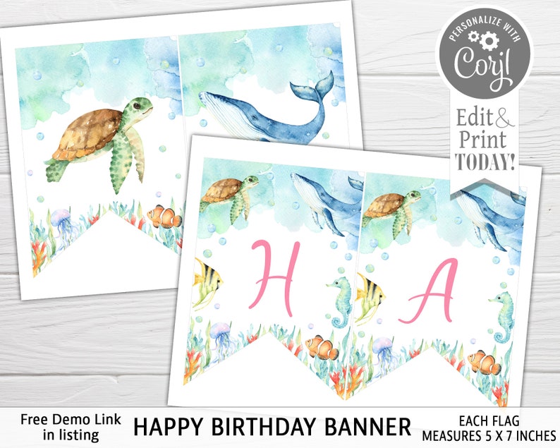 May include: Watercolor Happy Birthday banner with sea creatures. The banner features a sea turtle, whale, seahorse, and fish. The banner flags measure 5 x 7 inches. The banner spells out the word "HA".