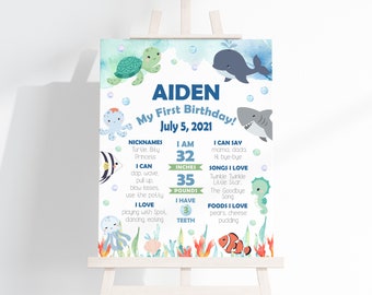 Ocean Cute Milestone Sign, 16x20 or 11x14, Birthday Milestone, blue, Sea Turtle, whale, You edit, You Print, edit on Corjl, Instant, CB1