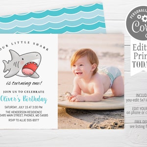 May include: A blue and white invitation for a baby's first birthday party. The invitation features a cartoon shark and the text "Our Little Shark is turning one!"  Join us to celebrate Oliver's Birthday. Saturday, July 15 at 3:00 PM. The Henderson Residence, 3485 Main Street, Phonex, MD 54685. RSVP to Allie 555-8977.