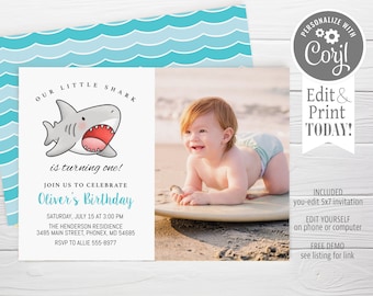 Shark 1st Birthday Invitation, Editable Template (Digital Download)
