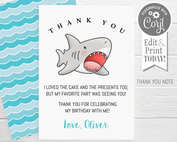 Cute Shark Thank Your Note, editable, party thank you card, flat thank ...