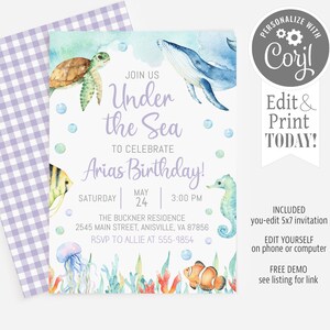 May include: Under the Sea themed birthday invitation with watercolor illustrations of a whale, seahorse, turtle, jellyfish, and fish. The invitation is for Arias' birthday party on May 24th at 3:00 PM. The invitation includes the address and RSVP information.
