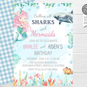 May include: A blue and white invitation with a mermaid and a shark. The text reads "Calling all Sharks and Mermaids. Join us to celebrate Brinlee and Aiden's Birthday. Saturday, June 5 at 11:30 AM. The Buckner Residence, 2545 Main Street, Anisville, VA 87856. RSVP to Allie at 555-9854."
