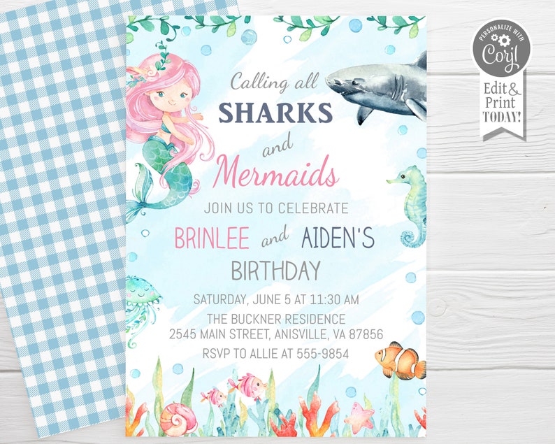 May include: A blue and white invitation with a mermaid and a shark. The text reads "Calling all Sharks and Mermaids. Join us to celebrate Brinlee and Aiden's Birthday. Saturday, June 5 at 11:30 AM. The Buckner Residence, 2545 Main Street, Anisville, VA 87856. RSVP to Allie at 555-9854."