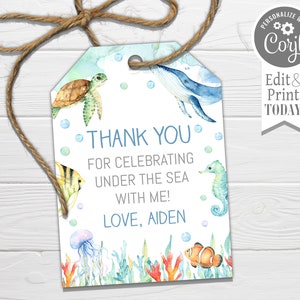 Ocean Favor Tags, Editable, Blue Ocean Animals, Birthday Hang Tag, Thank you, edit with CORJL, instant download D201