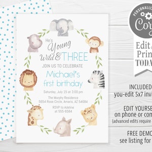 Safari Animals Birthday Invitation, editable, young wild and three, third birthday invitation, edit with Corjl, instant download