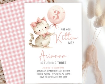 Roze kitten 3e verjaardagsuitnodiging: kattenfeestje (digitale download bewerkbare sjabloon)