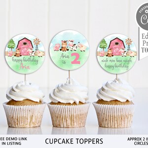 May include: Three round cupcake toppers featuring a farm theme with a pink barn, animals, and green grass. The toppers say "happy birthday Aria", "Aria is 2", and "oink mee baa neigh happy birthday".