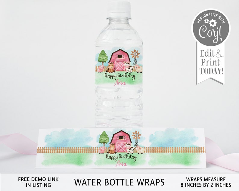 May include: Water bottle wrap with a watercolor design of a red barn, farm animals, and a fence. The wrap says "happy birthday Aria". The wrap measures 8 inches by 2 inches.