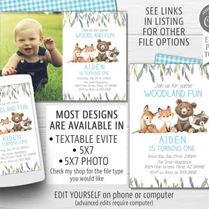 May include: Woodland animal themed first birthday party invitation with a blue and white gingham background. The invitation features a watercolor illustration of a fox, deer, bear, and raccoon. The text on the invitation reads "Join us for some Woodland Fun" and "Aiden is turning one".