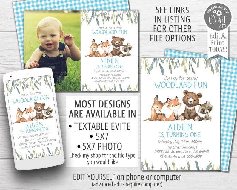 May include: Woodland animal themed first birthday party invitation with a blue and white gingham background. The invitation features a watercolor illustration of a fox, deer, bear, and raccoon. The text on the invitation reads "Join us for some Woodland Fun" and "Aiden is turning one".