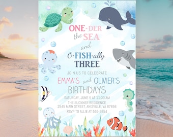 Op de afbeelding: Een blauwe en groene uitnodiging met een aquarel achtergrond. De uitnodiging zegt "One-der the Sea and O-Fish-ally Three" en bevat illustraties van zeedieren, waaronder een schildpad, walvis, octopus, haai, kwal, zeepaardje en clownvis. De uitnodiging is voor de verjaardagen van Emma en Olivier, die op zaterdag 5 juni om 11:30 uur plaatsvinden in het Buckner Residence, 2545 Main Street, Anisville, VA 87856. RSVP naar Allie op 555-9854.