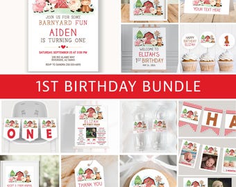 Farm Birthday Invitation Bundle Turning One: Editable Templates First Bday Barnyard (Digital Download) #015