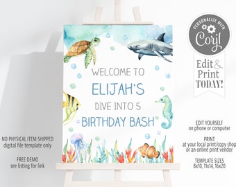 Ocean Animals Geburtstag Willkommensschild Vorlage, bearbeitbare digitale Datei
