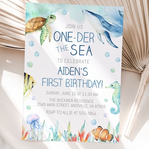 Ocean First Birthday Invitation Template, Editable, One-der the Sea Birthday ocean animals, blue D201