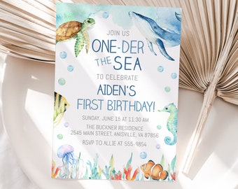 Ocean First Birthday Invitation Template, Editable, One-der the Sea Birthday ocean animals, blue D201