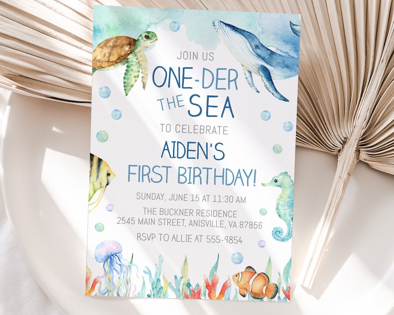 Ocean First Birthday Invitation Template Editable Oneder the Sea Birthday ocean animals blue