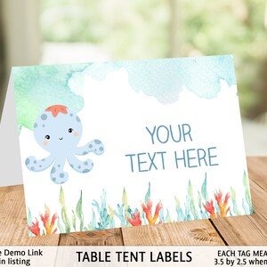 May include: Blue and orange watercolor table tent labels with an octopus illustration and the text "YOUR TEXT HERE". Each tag measures 3.5 inches by 2.5 inches when folded.