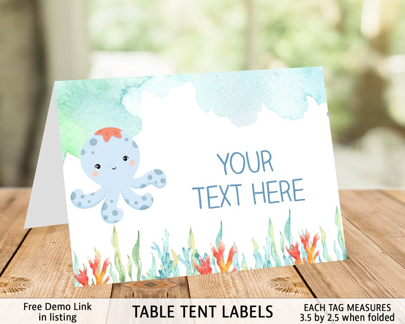 May include: Blue and orange watercolor table tent labels with an octopus illustration and the text "YOUR TEXT HERE". Each tag measures 3.5 inches by 2.5 inches when folded.