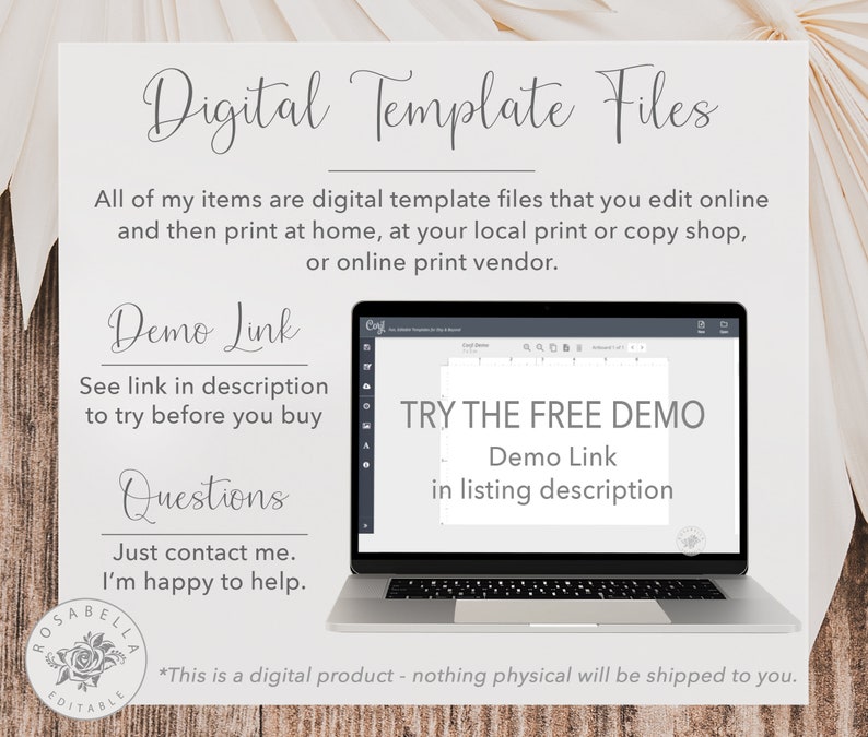 K&ouml;nnte beinhalten: Ein Laptop-Bildschirm zeigt eine Website mit dem Text "TRY THE FREE DEMO" und "Demo Link in listing description". Der Text "Digital Template Files" wird &uuml;ber dem Laptop angezeigt. Der Text "This is a digital product - nothing physical will be shipped to you." wird unter dem Laptop angezeigt.