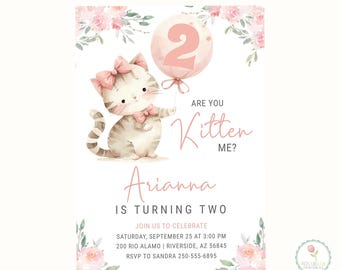 Kitten 2e verjaardagsuitnodiging, meisje kat feest roze bloemen (afdrukbare sjabloon)