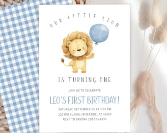May include: A blue and white checkered background with a white card on top. The card has a watercolor illustration of a lion holding a blue balloon. The text on the card reads "Our Little Lion is Turning One. Join us to celebrate Leo's First Birthday! Saturday, September 25 at 3:00 PM. 200 Rio Alamo | Riverside, AZ 56845. RSVP to Sandra 250-555-6895."