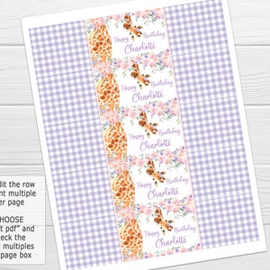 May include: Five printable labels featuring a watercolor illustration of a giraffe with pink flowers. The labels say "Happy Birthday Charlotte". The background is a purple and white gingham pattern.
