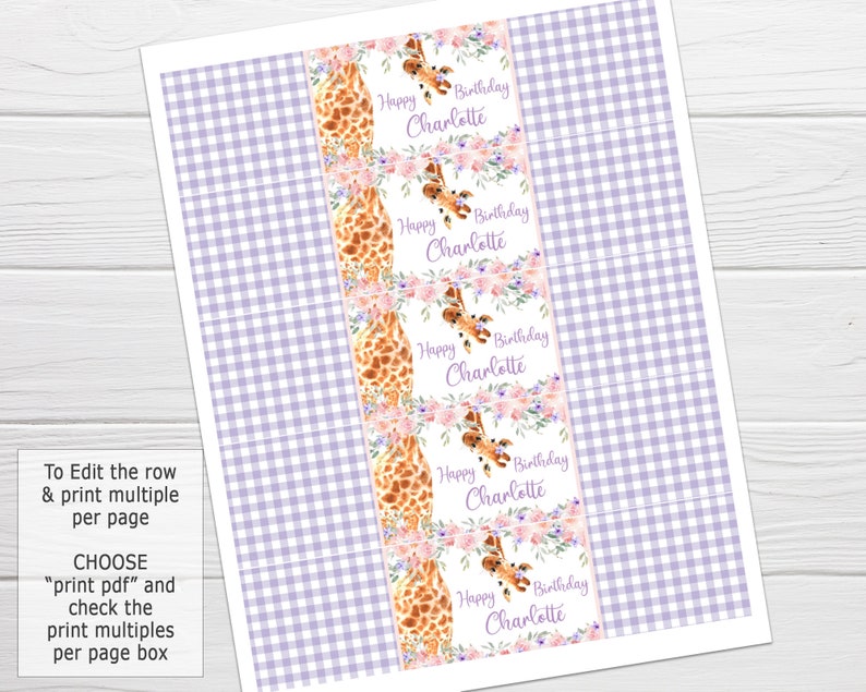 May include: Five printable labels featuring a watercolor illustration of a giraffe with pink flowers. The labels say "Happy Birthday Charlotte". The background is a purple and white gingham pattern.