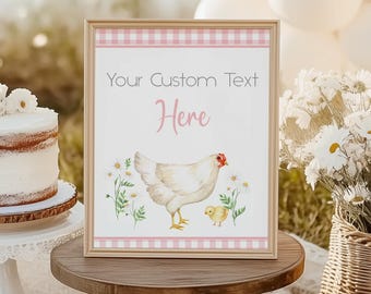 Chicken Pink Gingham Party Table Signs Girl  (Editable Digital Download) #017