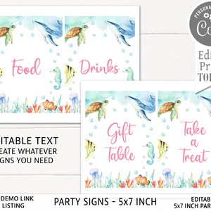 May include: Printable 5x7 inch party signs with an under the sea theme. The signs feature watercolour illustrations of sea turtles, whales, seahorses, and coral. The text on the signs reads "Food", "Drinks", "Gift Table", and "Take a Treat".