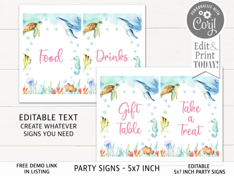 May include: Printable 5x7 inch party signs with an under the sea theme. The signs feature watercolour illustrations of sea turtles, whales, seahorses, and coral. The text on the signs reads "Food", "Drinks", "Gift Table", and "Take a Treat".