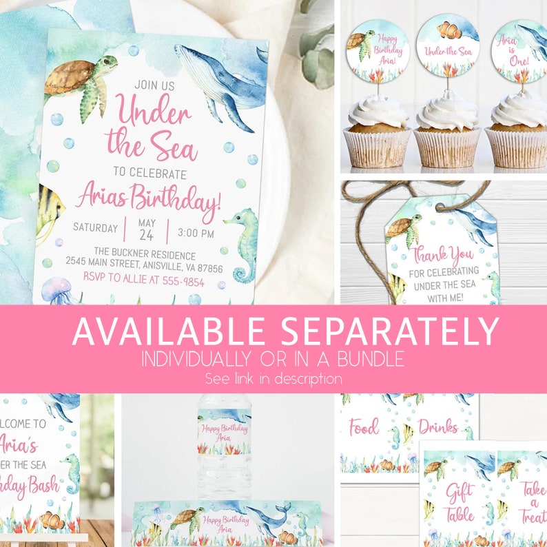 May include: Under the Sea themed birthday party printable set with a watercolor background. The set includes a birthday invitation, cupcake toppers, a thank you tag, and food and drink labels. The invitation features a whale, sea turtle, and seahorse. The cupcake toppers feature a sea turtle, a seashell, and a starfish. The thank you tag features a sea turtle and a whale. The food and drink labels feature a sea turtle, a starfish, and a seashell.
