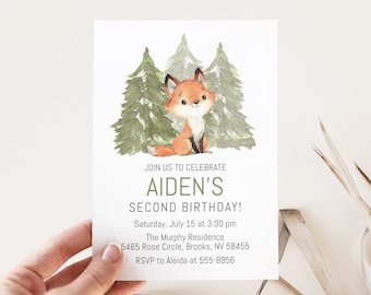 Woodand Animals Fox Birthday Invitation Template, Editable