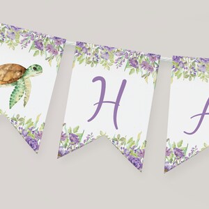 May include: Purple and green floral banner with the word "Happy" in purple letters. The first flag features a watercolor illustration of a sea turtle.