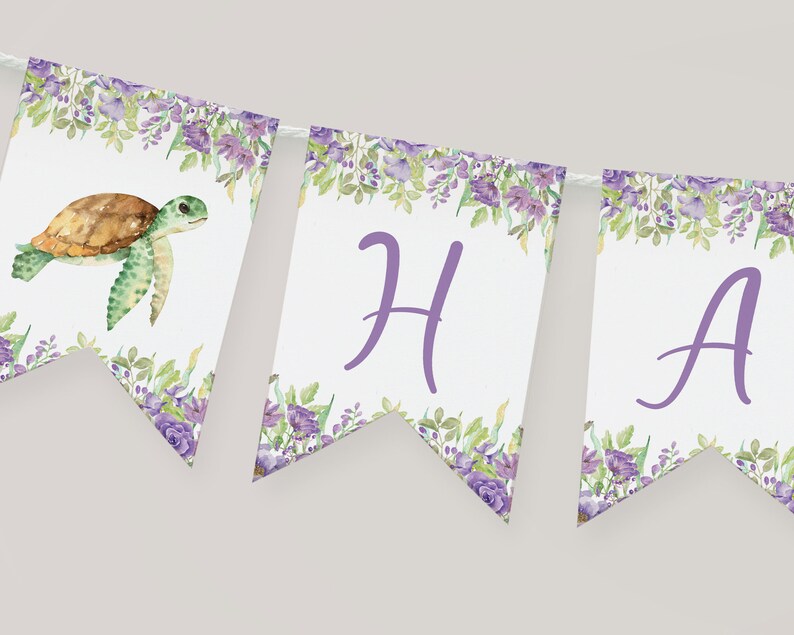 May include: Purple and green floral banner with the word "Happy" in purple letters. The first flag features a watercolor illustration of a sea turtle.
