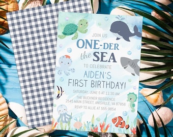 Ocean Birthday Invitation Template, ocean animals, boy, blue, editable, First Birthday One-der the Sea, instant download  CB1